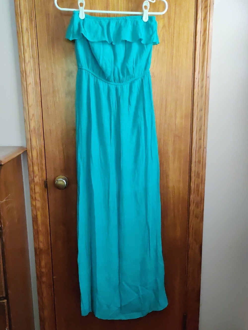 Strapless Teal Ruffle Maxi Dress